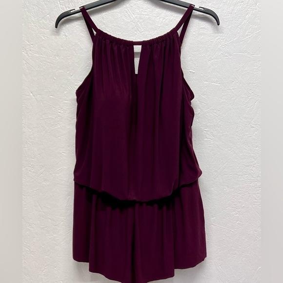 WOMEN'S High Neck Swim Romper with Pockets One Piece Swimsuit - Solid Burgandy - Picture 7 of 12